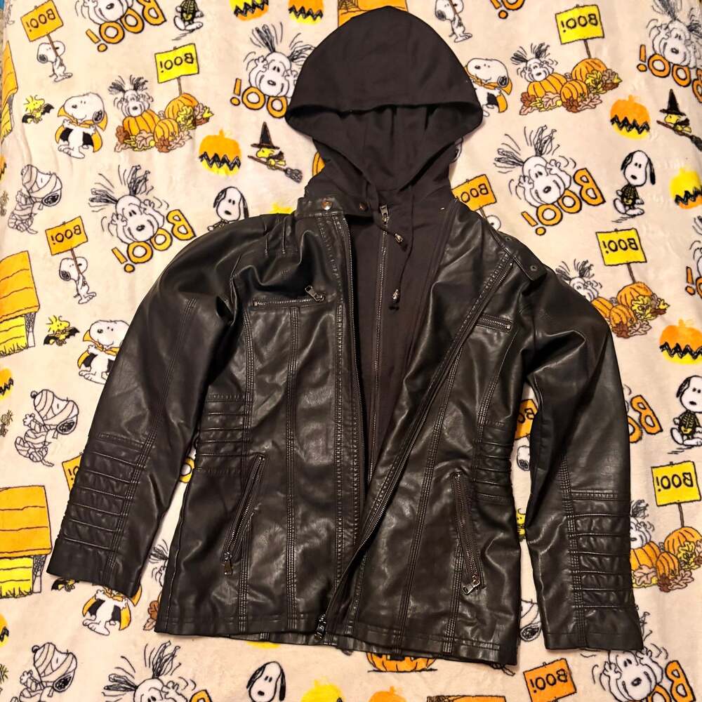 Black Faux Leather Jacket with Hood - Moto Biker Style
